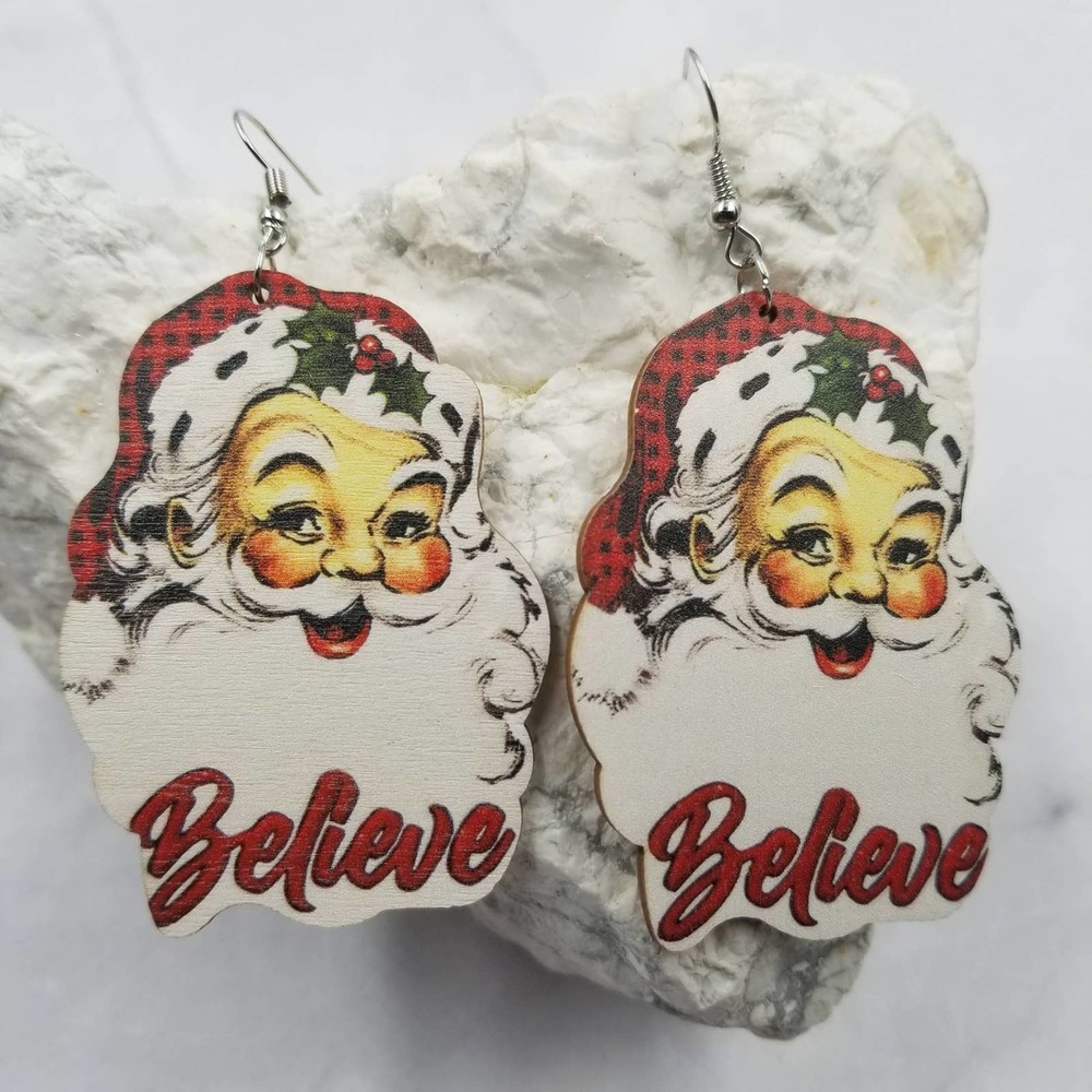 Wood Old Fashion Believe Santa Christmas Earrings